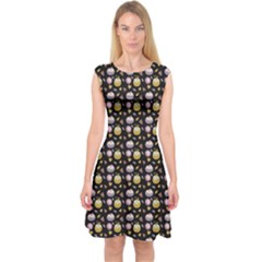 Shiny Pumpkins On Black Background Capsleeve Midi Dress by SychEva