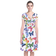 Bright Butterflies Circle In The Air Short Sleeve Front Wrap Dress by SychEva