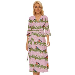 Bullfinches Sit On Branches On A Pink Background Midsummer Wrap Dress by SychEva