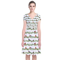 Bullfinches On The Branches Short Sleeve Front Wrap Dress by SychEva