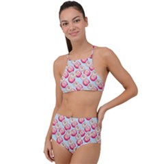 Pink And White Donuts On Blue High Waist Tankini Set by SychEva