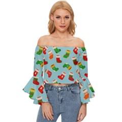 Christmas Socks Off Shoulder Flutter Bell Sleeve Top by SychEva