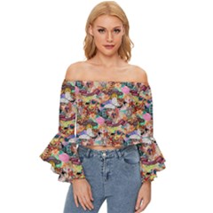 Retro Color Off Shoulder Flutter Bell Sleeve Top by Sparkle