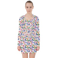 Multicolored Butterflies V-neck Bodycon Long Sleeve Dress by SychEva