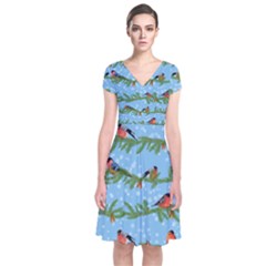 Bullfinches On Spruce Branches Short Sleeve Front Wrap Dress by SychEva