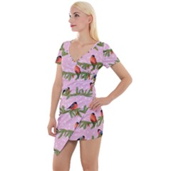 Bullfinches Sit On Branches On A Pink Background Short Sleeve Asymmetric Mini Dress by SychEva