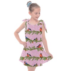 Bullfinches Sit On Branches On A Pink Background Kids  Tie Up Tunic Dress by SychEva