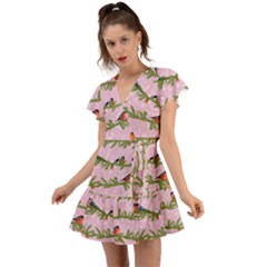 Bullfinches Sit On Branches On A Pink Background Flutter Sleeve Wrap Dress by SychEva