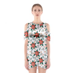 Large Christmas Poinsettias On White Shoulder Cutout One Piece Dress by PodArtist