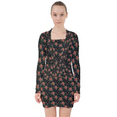 Medium Red Christmas Poinsettias On Black V-neck Bodycon Long Sleeve Dress by PodArtist