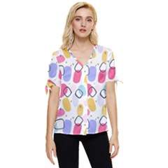 Abstract Multicolored Shapes Bow Sleeve Button Up Top by SychEva