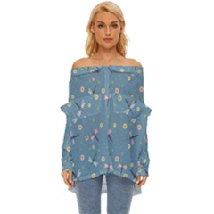 Cute Dragonflies In Spring Off Shoulder Chiffon Pocket Shirt