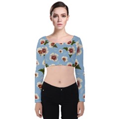 Hibiscus Flowers Velvet Long Sleeve Crop Top by SychEva