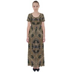 Wood Art With Beautiful Flowers And Leaves Mandala High Waist Short Sleeve Maxi Dress by pepitasart