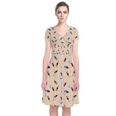 Festive Champagne Short Sleeve Front Wrap Dress by SychEva