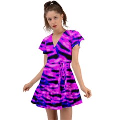 Purple  Waves Abstract Series No6 Flutter Sleeve Wrap Dress by DimitriosArt
