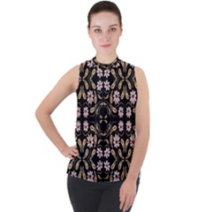 Folk Flowers Print Floral Pattern Ethnic Art Mock Neck Chiffon Sleeveless Top by Eskimos