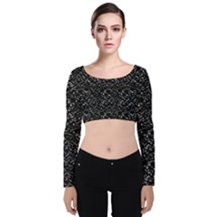 Pixel Grid Dark Black And White Pattern Velvet Long Sleeve Crop Top by dflcprintsclothing