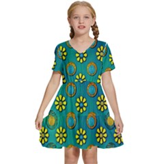 Yellow And Blue Proud Blooming Flowers Kids  Short Sleeve Tiered Mini Dress by pepitasart