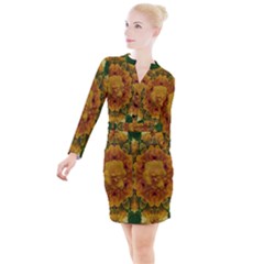 Tropical Spring Rose Flowers In A Good Mood Decorative Button Long Sleeve Dress by pepitasart