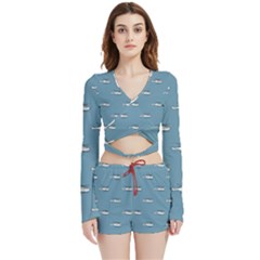 Cartoon Sketchy Helicopter Drawing Motif Pattern Velvet Wrap Crop Top And Shorts Set by dflcprintsclothing