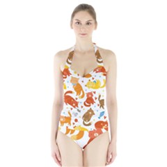 Seamless Pattern With Kittens White Background Halter Swimsuit by Jancukart