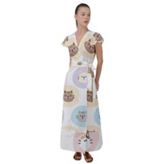 Cute Cat Seamless Pattern Background Flutter Sleeve Maxi Dress by Jancukart