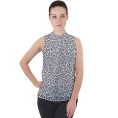 Black And White Hello Text Motif Random Pattern Mock Neck Chiffon Sleeveless Top by dflcprintsclothing