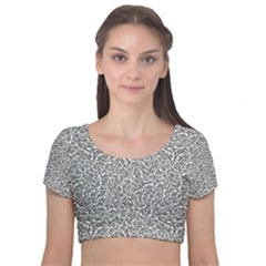 Black And White Hello Text Motif Random Pattern Velvet Short Sleeve Crop Top  by dflcprintsclothing