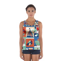 Toy-transport-cartoon-seamless-pattern-with-airplane-aerostat-sail-yacht-vector-illustration Sport Tank Top  by Jancukart