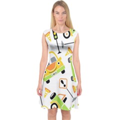 Seamless-pattern-vector-illustration-vehicles-cartoon Capsleeve Midi Dress by Jancukart