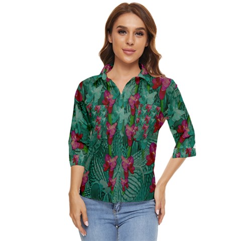 Rare Excotic Forest Of Wild Orchids Vines Blooming In The Calm Women s Quarter Sleeve Pocket Shirt by pepitasart