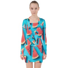 Watermelon Blue Background V-neck Bodycon Long Sleeve Dress by artworkshop