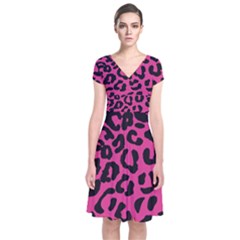 Leopard Print Jaguar Dots Pink Neon Short Sleeve Front Wrap Dress by ConteMonfrey