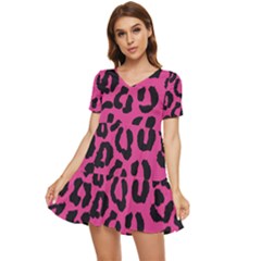 Leopard Print Jaguar Dots Pink Neon Tiered Short Sleeve Babydoll Dress by ConteMonfrey