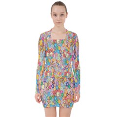 Floral Flowers V-neck Bodycon Long Sleeve Dress by artworkshop