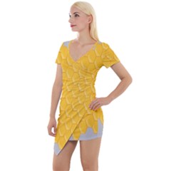 Hexagons Yellow Honeycomb Hive Bee Hive Pattern Short Sleeve Asymmetric Mini Dress by artworkshop