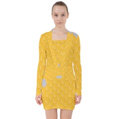 Hexagons Yellow Honeycomb Hive Bee Hive Pattern V-neck Bodycon Long Sleeve Dress by artworkshop