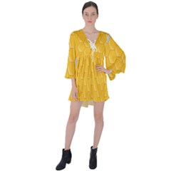 Hexagons Yellow Honeycomb Hive Bee Hive Pattern V-neck Flare Sleeve Mini Dress by artworkshop