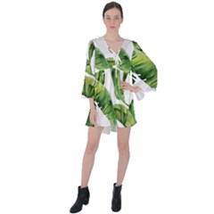 Sheets Tropical Plant Palm Summer Exotic V-neck Flare Sleeve Mini Dress by artworkshop