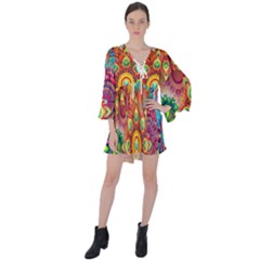 Mandalas Colorful Abstract Ornamental V-neck Flare Sleeve Mini Dress by artworkshop