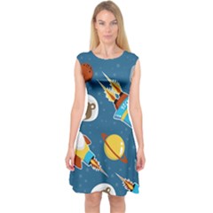 Seamless-pattern-vector-with-spacecraft-funny-animals-astronaut Capsleeve Midi Dress by Jancukart