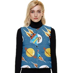 Seamless-pattern-vector-with-spacecraft-funny-animals-astronaut Women s Short Button Up Puffer Vest by Jancukart