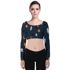 Halloween Ghost Pumpkin Bat Skull Velvet Long Sleeve Crop Top by artworkshop