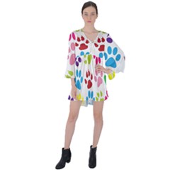 Paw Print V-neck Flare Sleeve Mini Dress by artworkshop