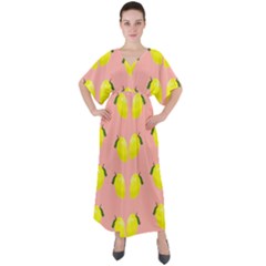 Yellow Lemons On Pink V-neck Boho Style Maxi Dress by FunDressesShop