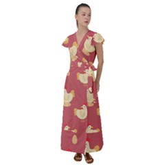 Cute-chicken-eggs-seamless-pattern Flutter Sleeve Maxi Dress by Jancukart