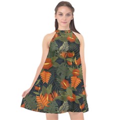 Orange Leaves Halter Neckline Chiffon Dress  by HWDesign