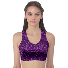 Small Bright Dayglo Purple Halloween Motifs Skulls, Spells & Cats On Spooky Black Sports Bra by PodArtist