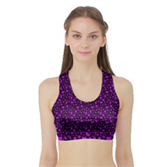 Small Bright Dayglo Purple Halloween Motifs Skulls, Spells & Cats On Spooky Black Sports Bra With Border by PodArtist